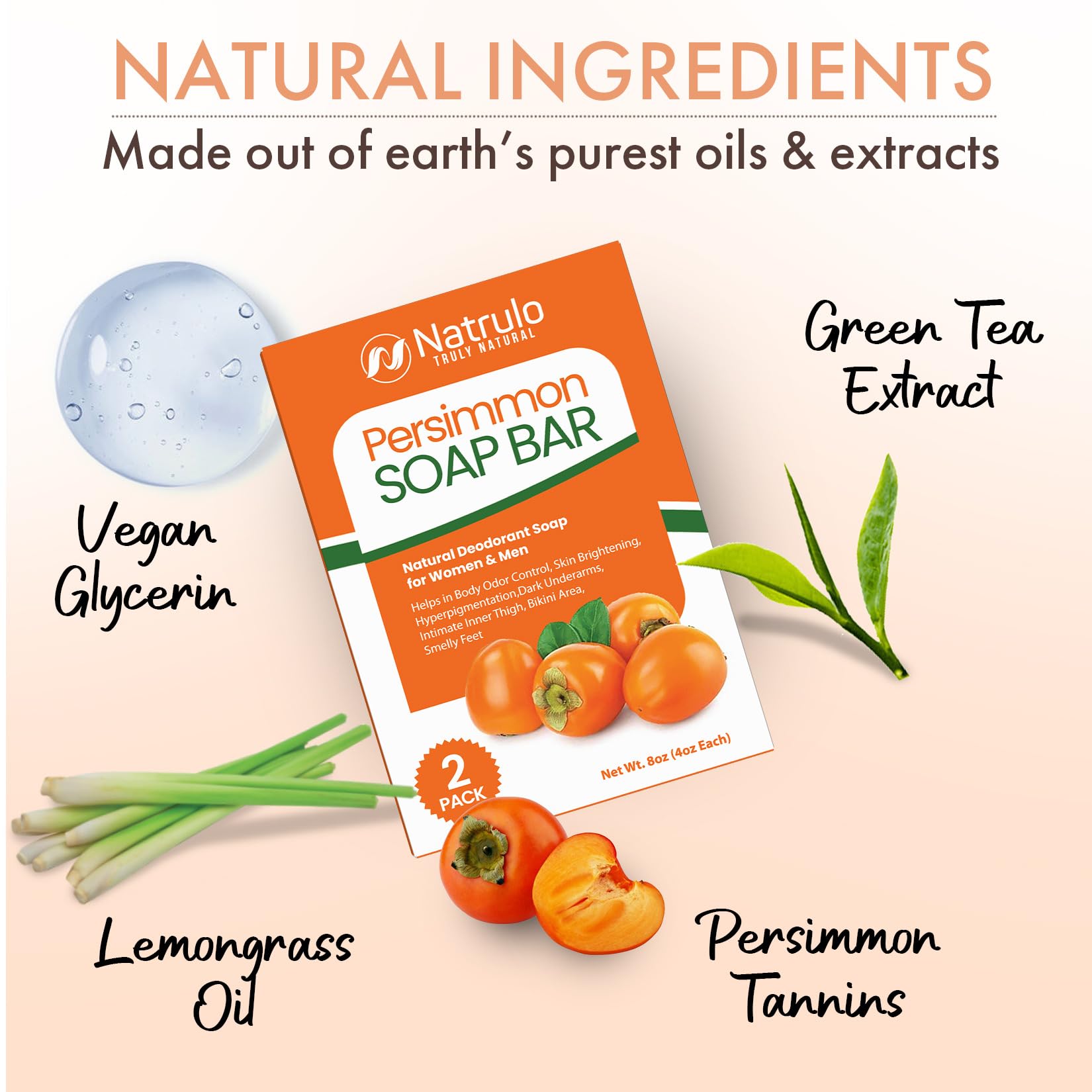 Persimmon Soap Bar for Body Odor Control – Purifying Deodorizing Body Wash for Eliminating Body Odor – Great for Skin Brightening, Hyperpigmentation, Smelly Feet – Natural Deodorant Soap